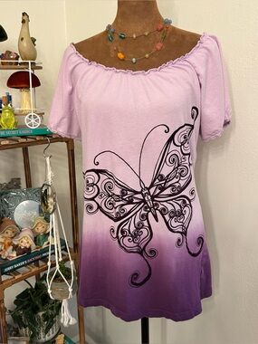 Y2K Fairycore Purple Ombré Butterfly Print Off the Shoulder Top by Maurice’s